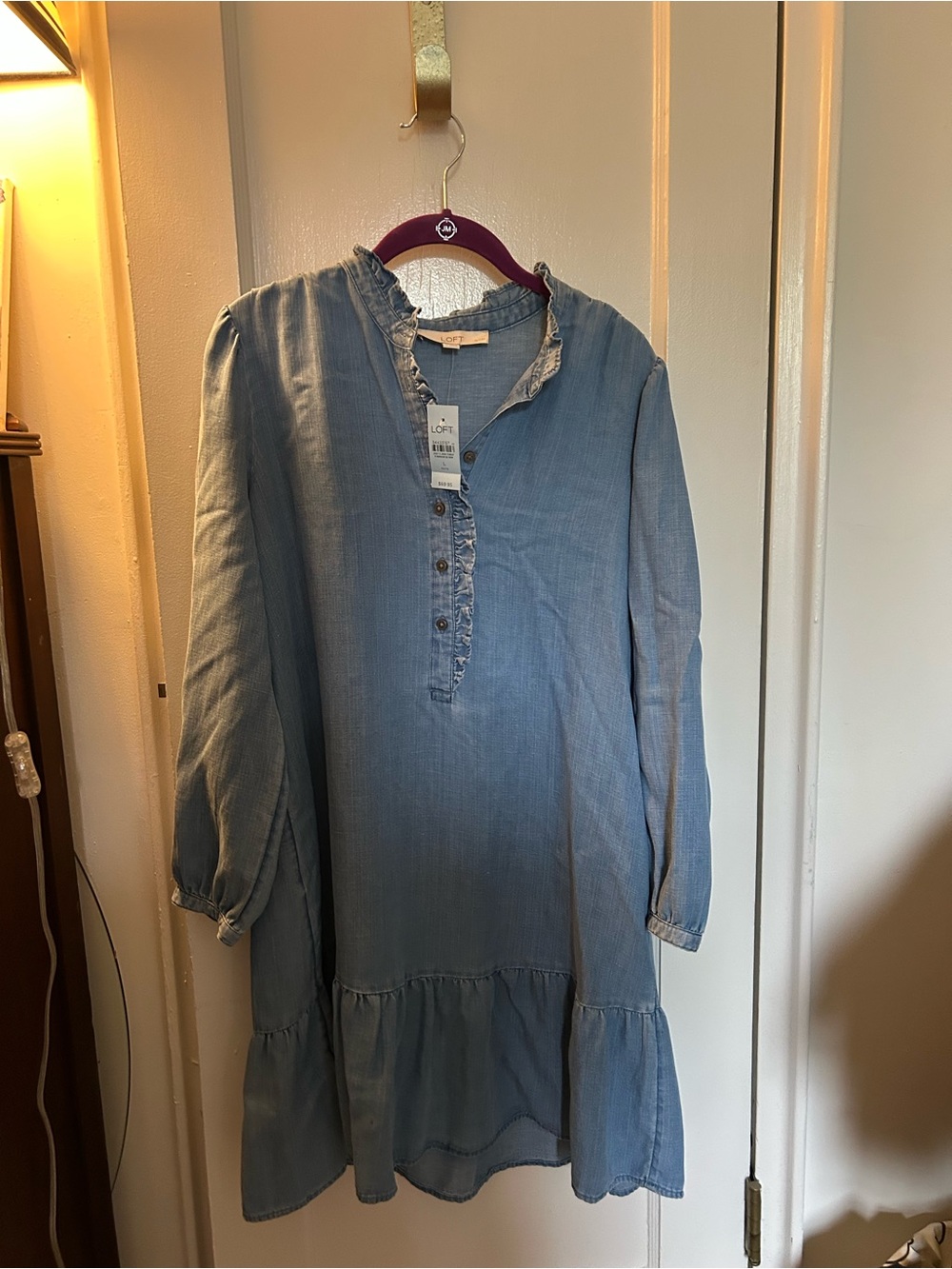 LOFT Chambray Ruffle Henley Tunic Dress - Light Blue